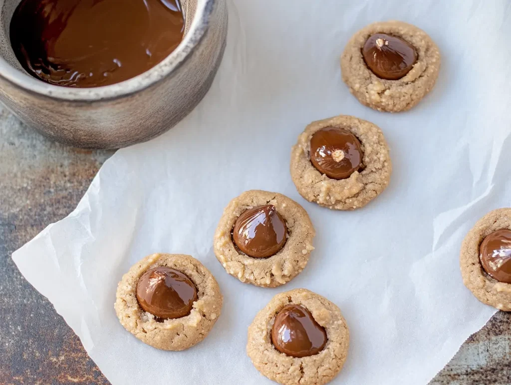 Buttery chestnut flour thumbprint cookies with a smooth chocolate center and whole almonds, set on parchment paper with a bowl of melted chocolate on the side.