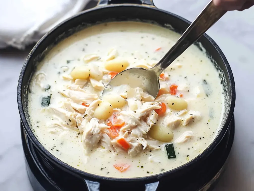 Close-up of rich and velvety creamy chicken and gnocchi soup, highlighting the hearty texture and comforting ingredients.