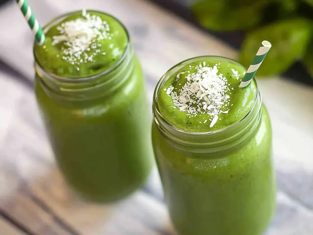Two mason jars filled with creamy matcha green tea smoothie, topped with shredded coconut and green striped straws.