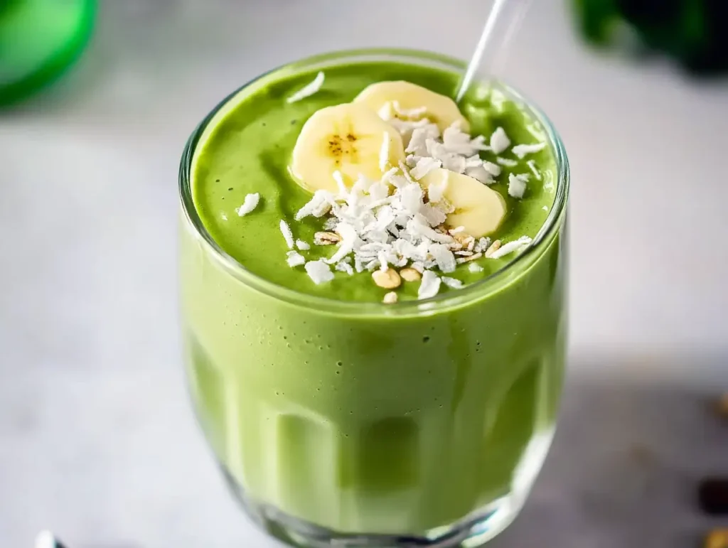 Creamy matcha green tea smoothie in a glass, topped with banana slices, shredded coconut, and granola.