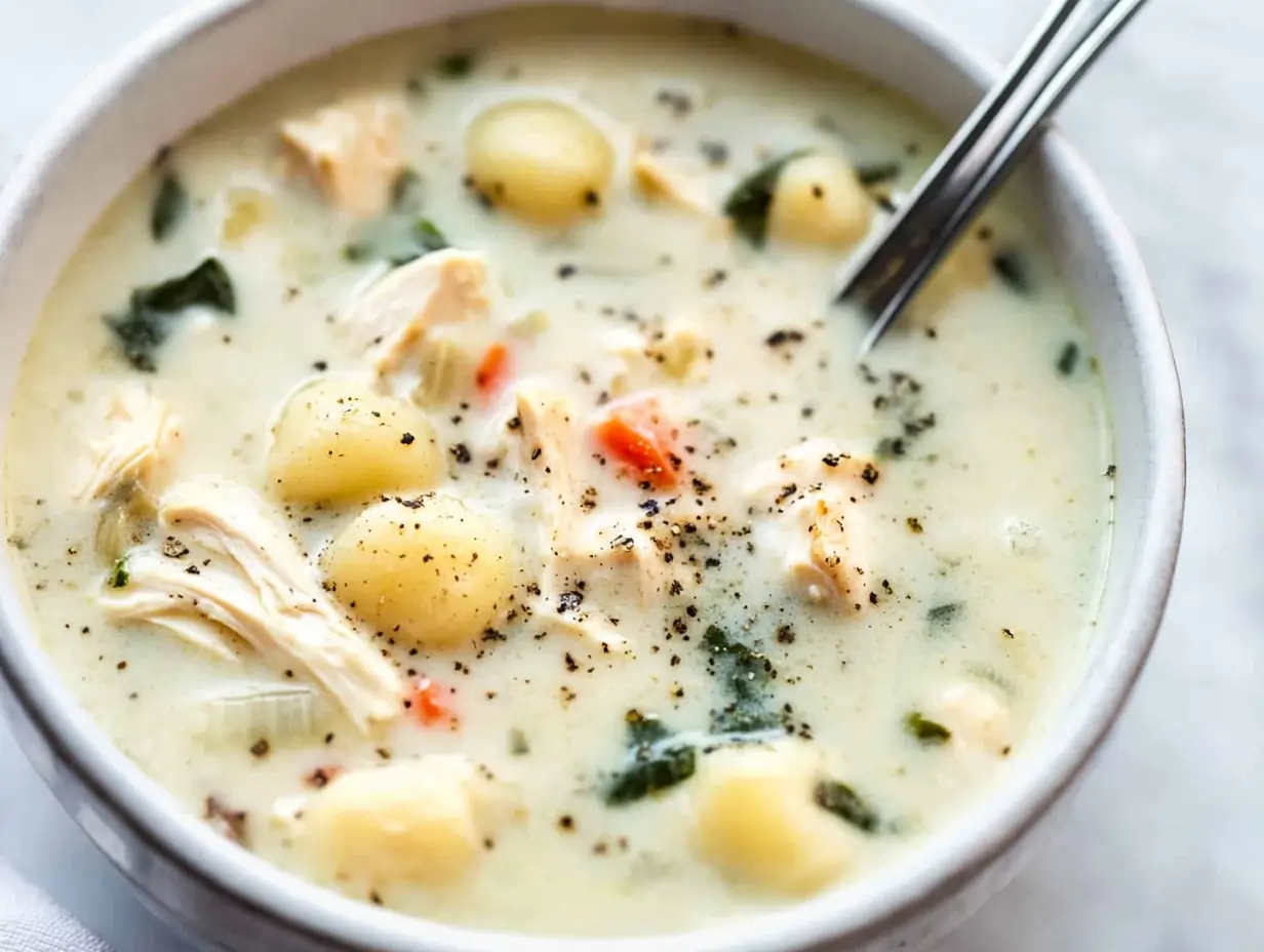 A bowl of creamy chicken and gnocchi soup garnished with fresh black pepper, featuring tender chicken, soft gnocchi, and vibrant vegetable