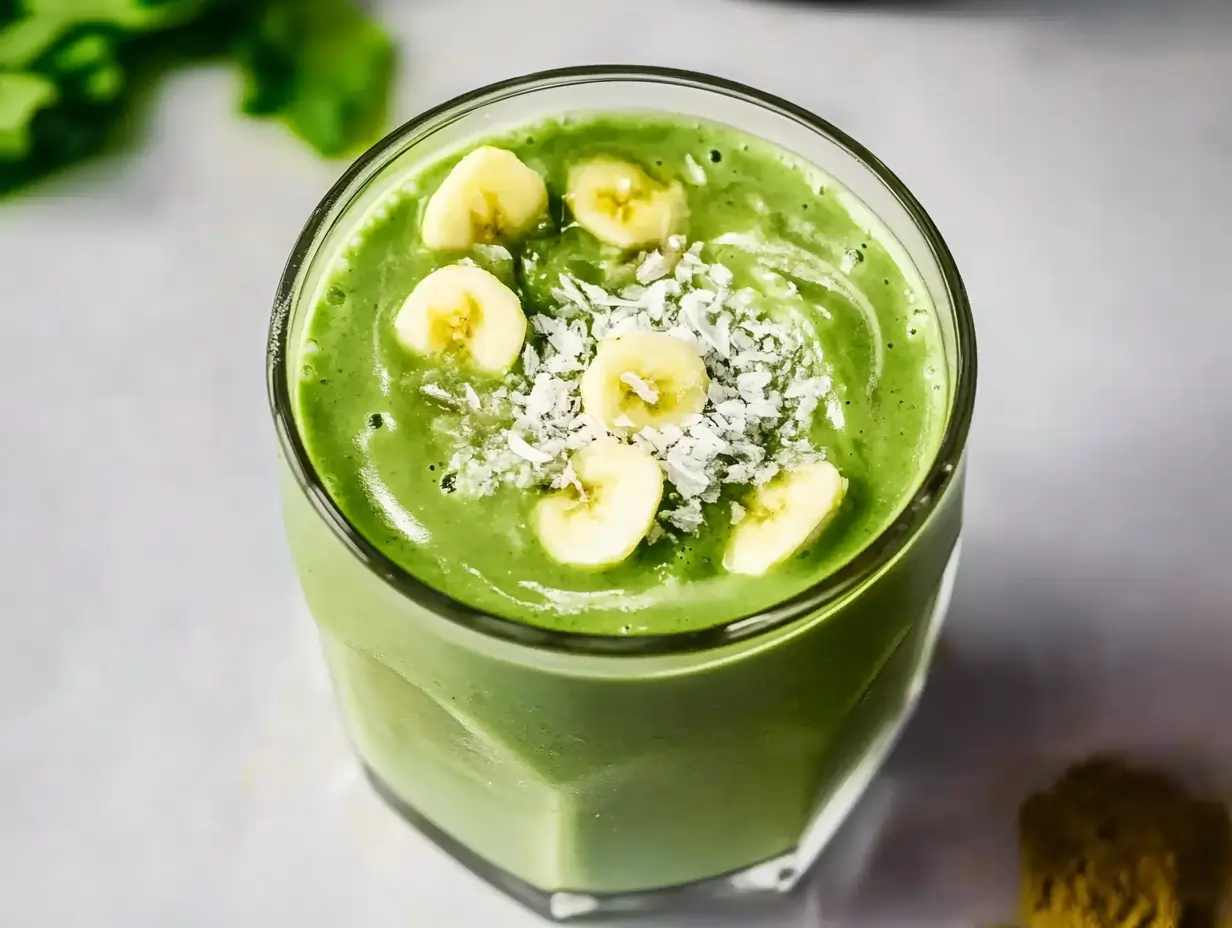 Creamy matcha green tea smoothie topped with banana slices and shredded coconut in a glass.