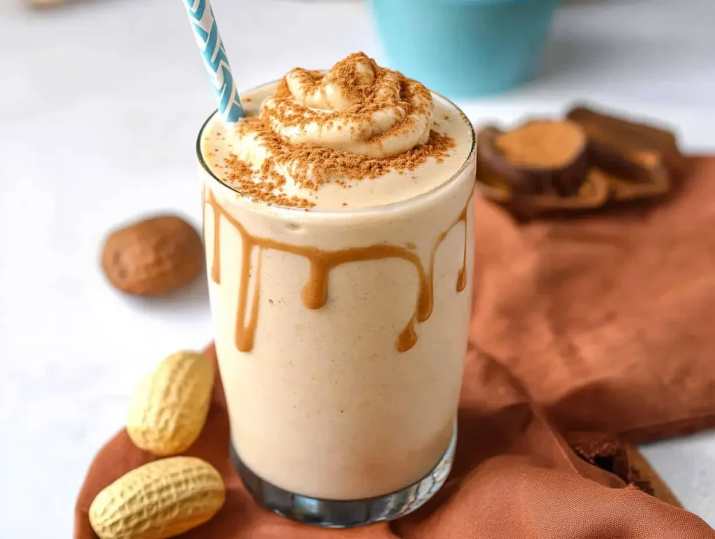 A creamy peanut butter smoothie in a tall glass, drizzled with peanut butter and topped with whipped cream and peanut powder. A blue-striped straw adds a fun touch, with whole peanuts and chocolate treats in the background on a brown napkin.