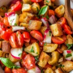 Vibrant Panzanella salad with golden crispy bread cubes, ripe cherry tomatoes, fresh basil, red onion, and mozzarella, mixed in a light vinaigrette