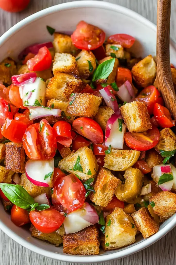 Vibrant Panzanella salad with golden crispy bread cubes, ripe cherry tomatoes, fresh basil, red onion, and mozzarella, mixed in a light vinaigrette