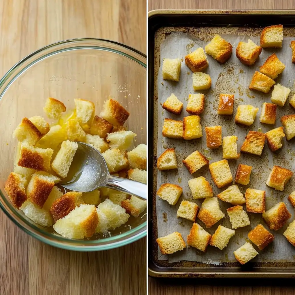 Side-by-side process of making homemade croutons: cubed bread tossed in olive oil in a glass bowl on the left, and golden toasted croutons on a baking sheet on the right